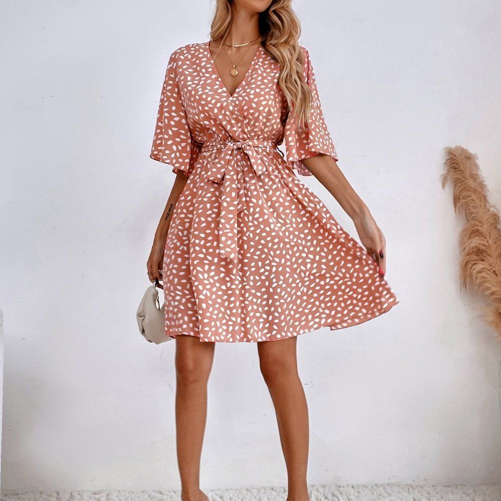 New Allover Print Butterfly Sleeve Belted Dress